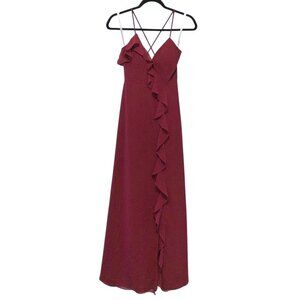 Revelry Solid Red Wine Ruffle V-neck Criss-cross Back Side Slit Formal Dress 0